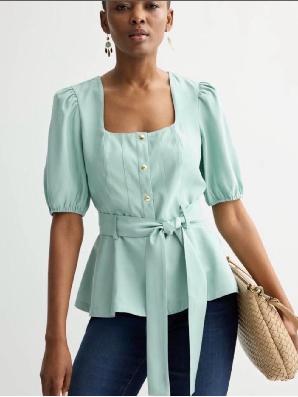 Women’s Nine West Puff Sleeve Belted Square Neck Top